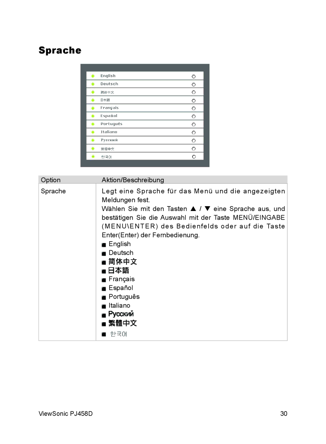 ViewSonic VS10872 manual Sprache 