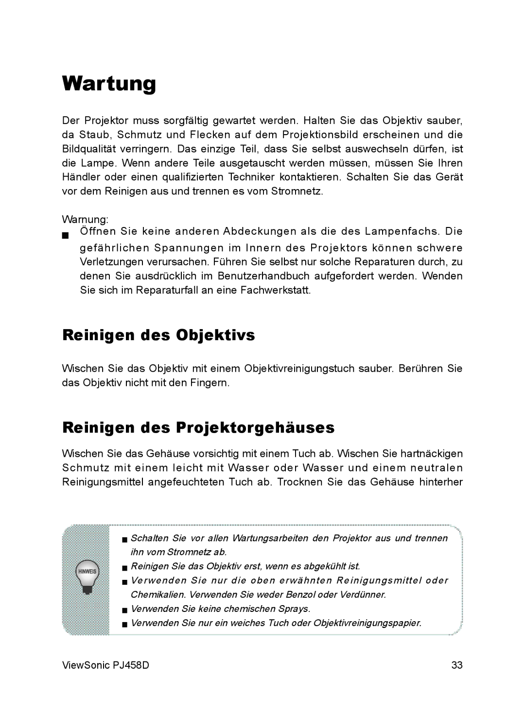 ViewSonic VS10872 manual Wartung, Reinigen des Objektivs, Reinigen des Projektorgehäuses 