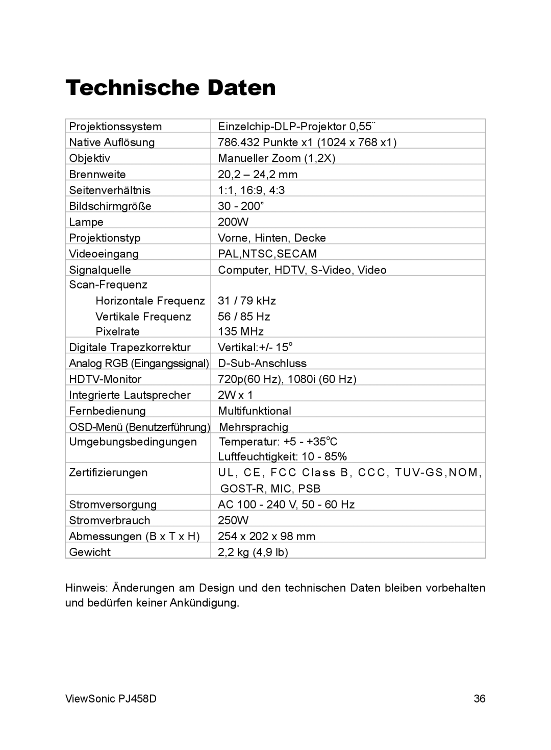 ViewSonic VS10872 manual Technische Daten, Pal,Ntsc,Secam 