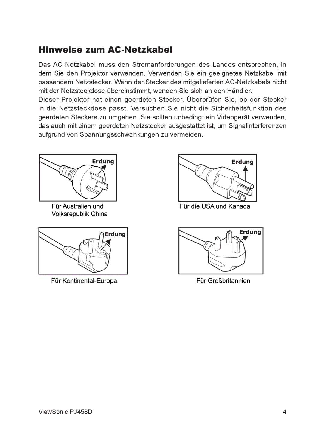 ViewSonic VS10872 manual Hinweise zum AC-Netzkabel 