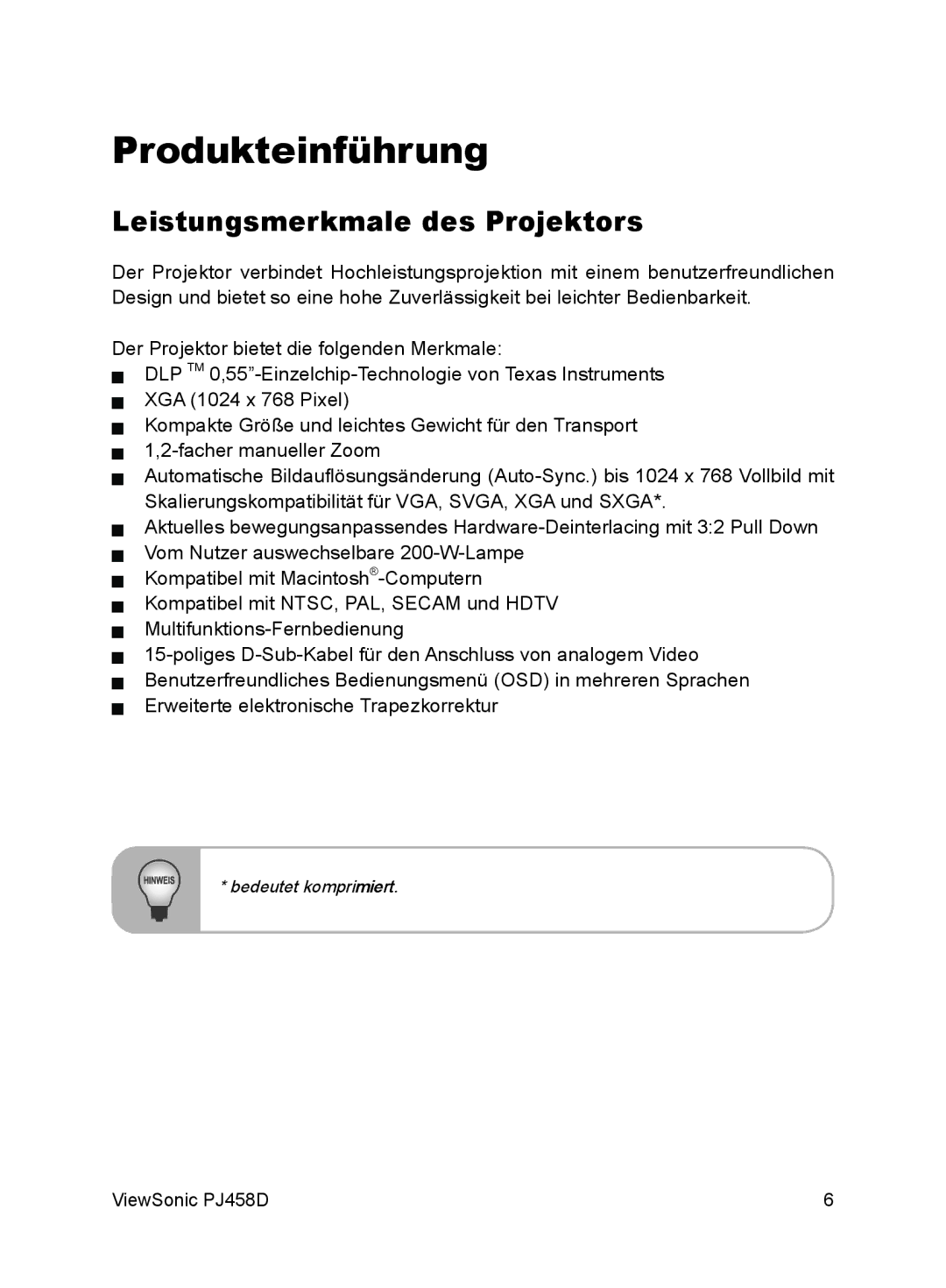 ViewSonic VS10872 manual Produkteinführung, Leistungsmerkmale des Projektors 