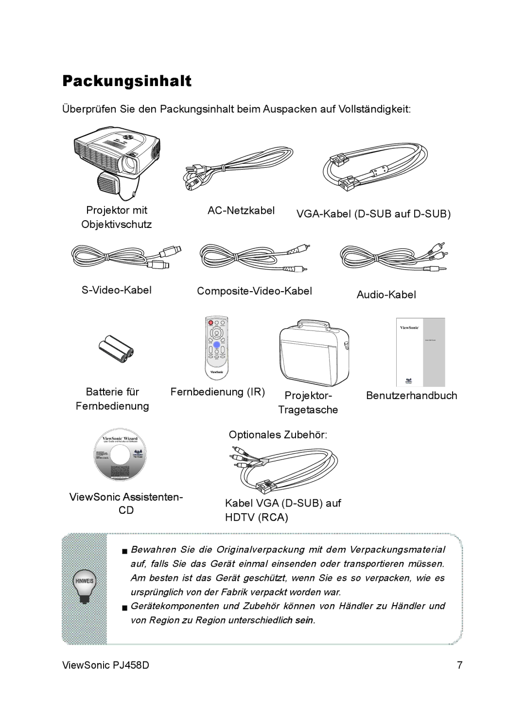 ViewSonic VS10872 manual Packungsinhalt, Hdtv R CA 