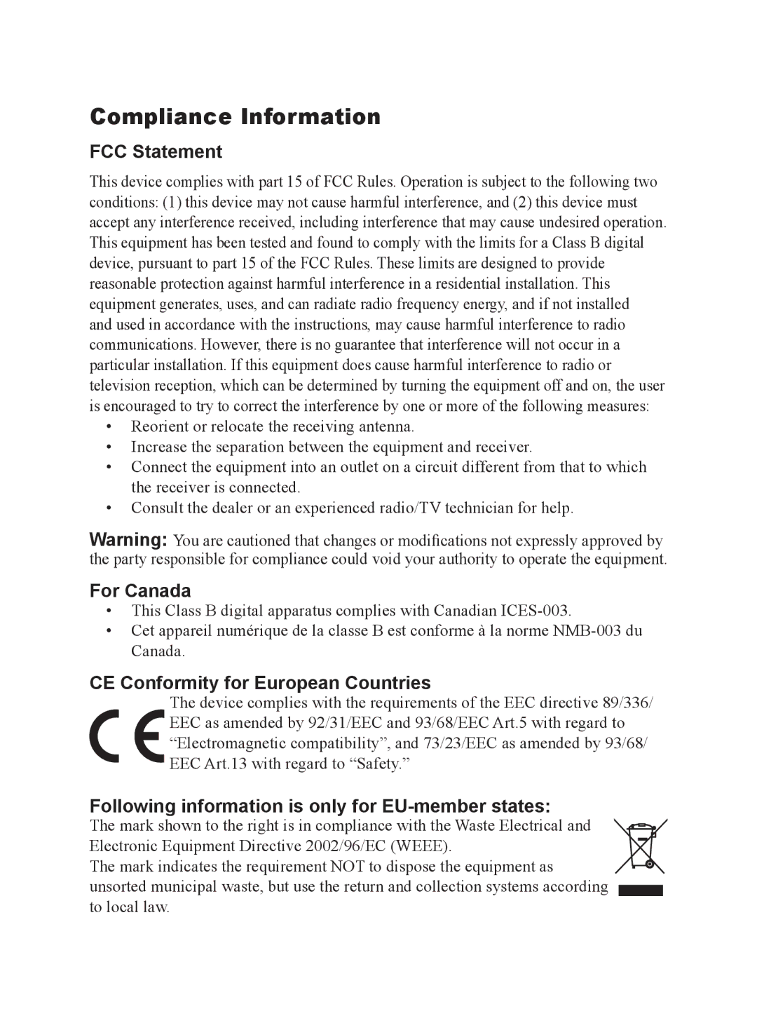 ViewSonic VS10872 manual Compliance Information, FCC Statement, For Canada, CE Conformity for European Countries 