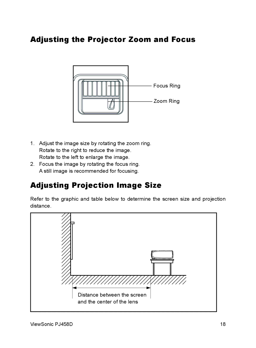 ViewSonic VS10872 manual Adjusting the Projector Zoom and Focus, Adjusting Projection Image Size 