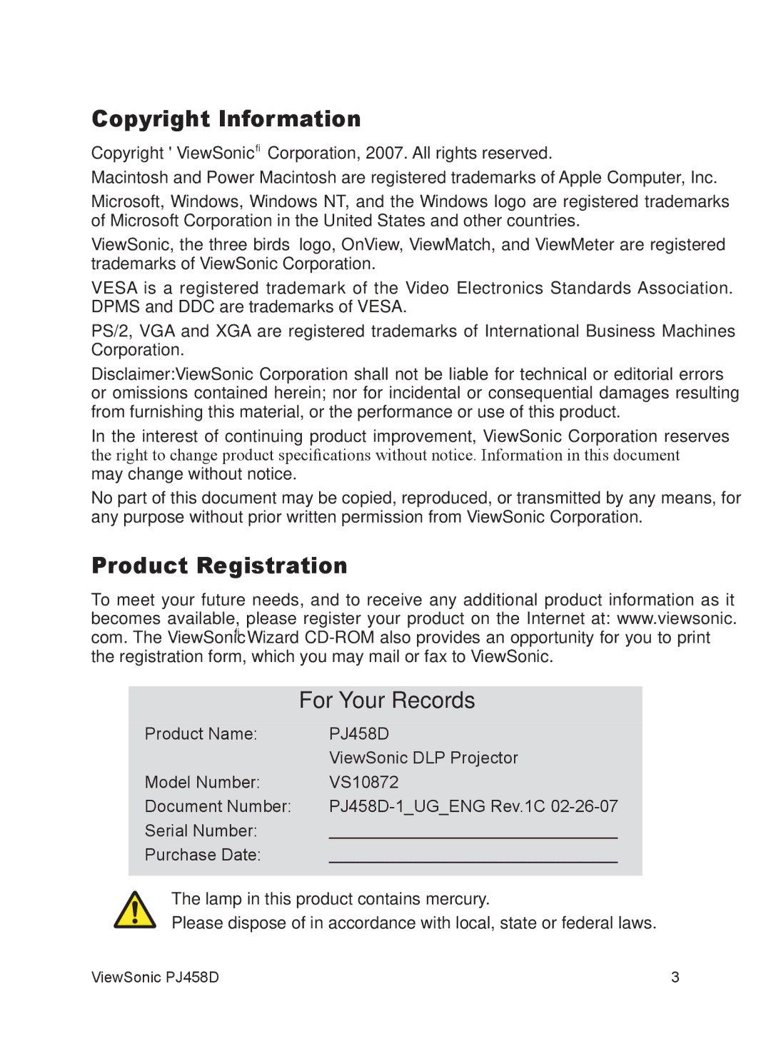 ViewSonic VS10872 manual Copyright Information, Product Registration For Your Records 