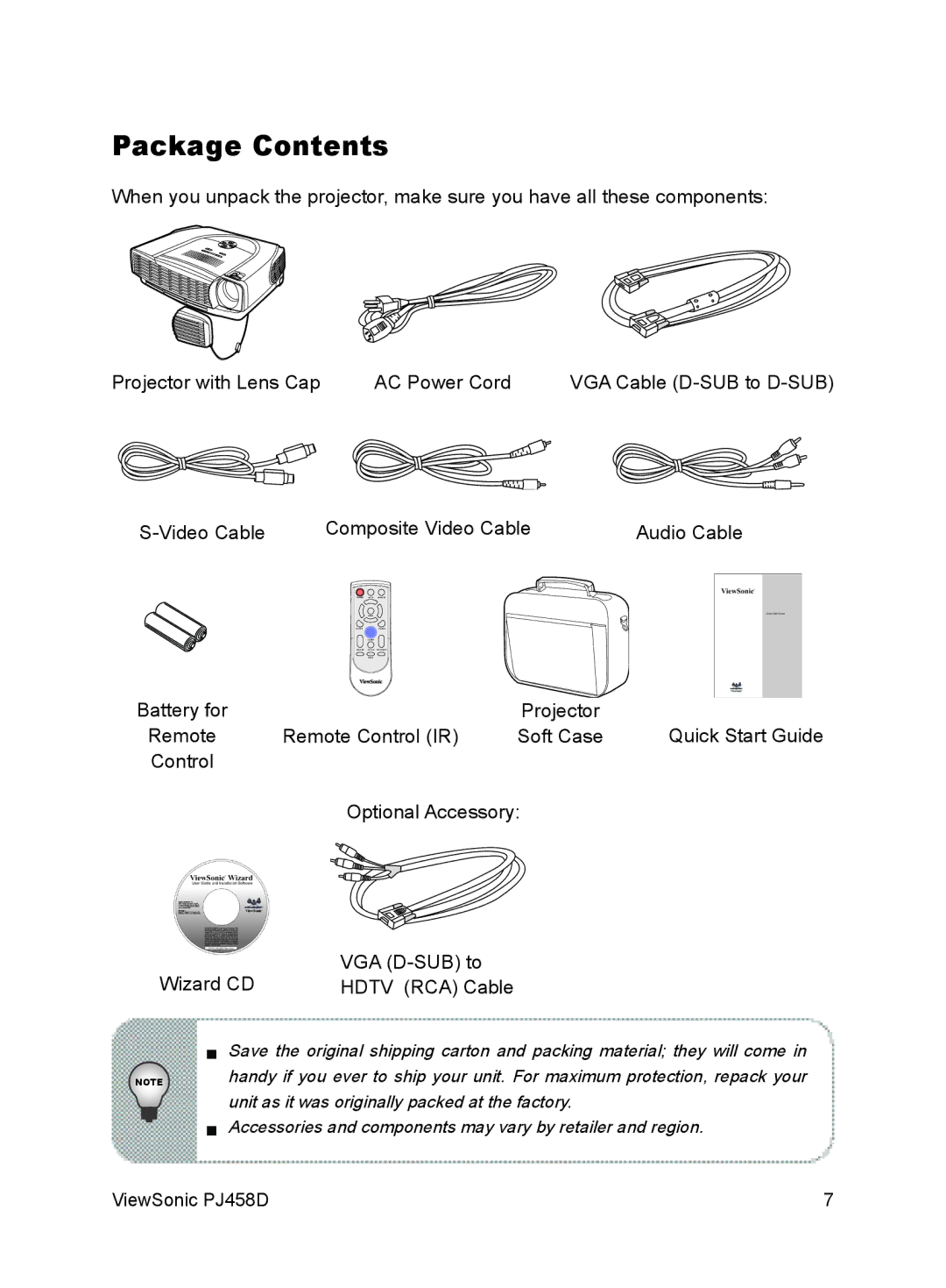 ViewSonic VS10872 manual Package Contents 