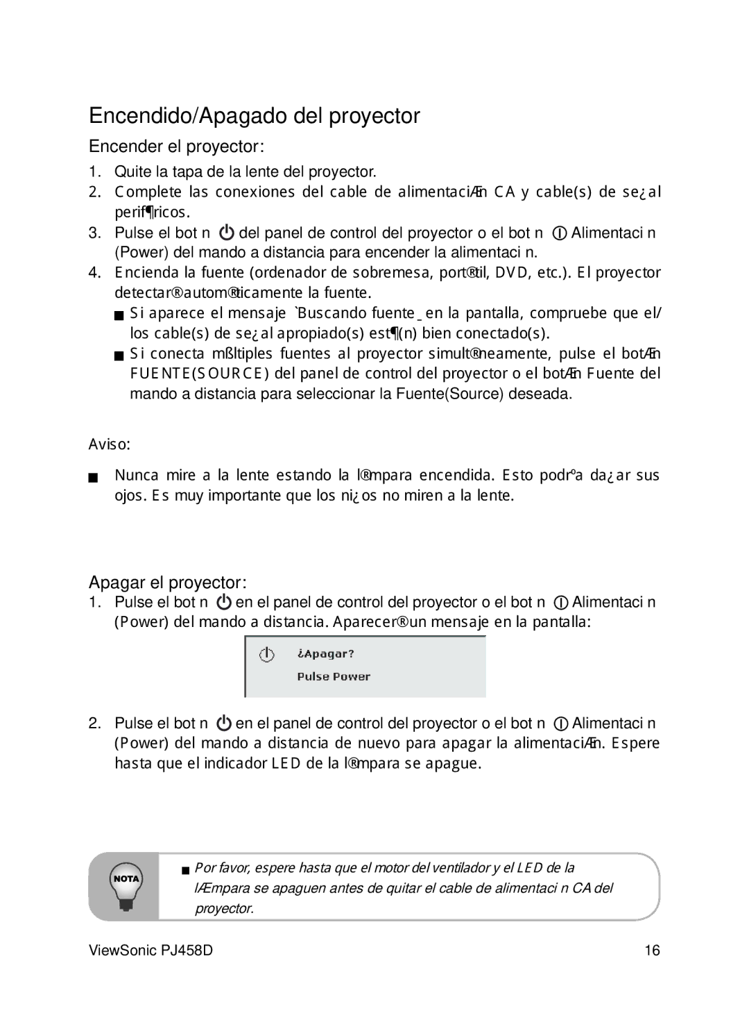 ViewSonic VS10872 manual Encendido/Apagado del proyector, Encender el proyector, Apagar el proyector 