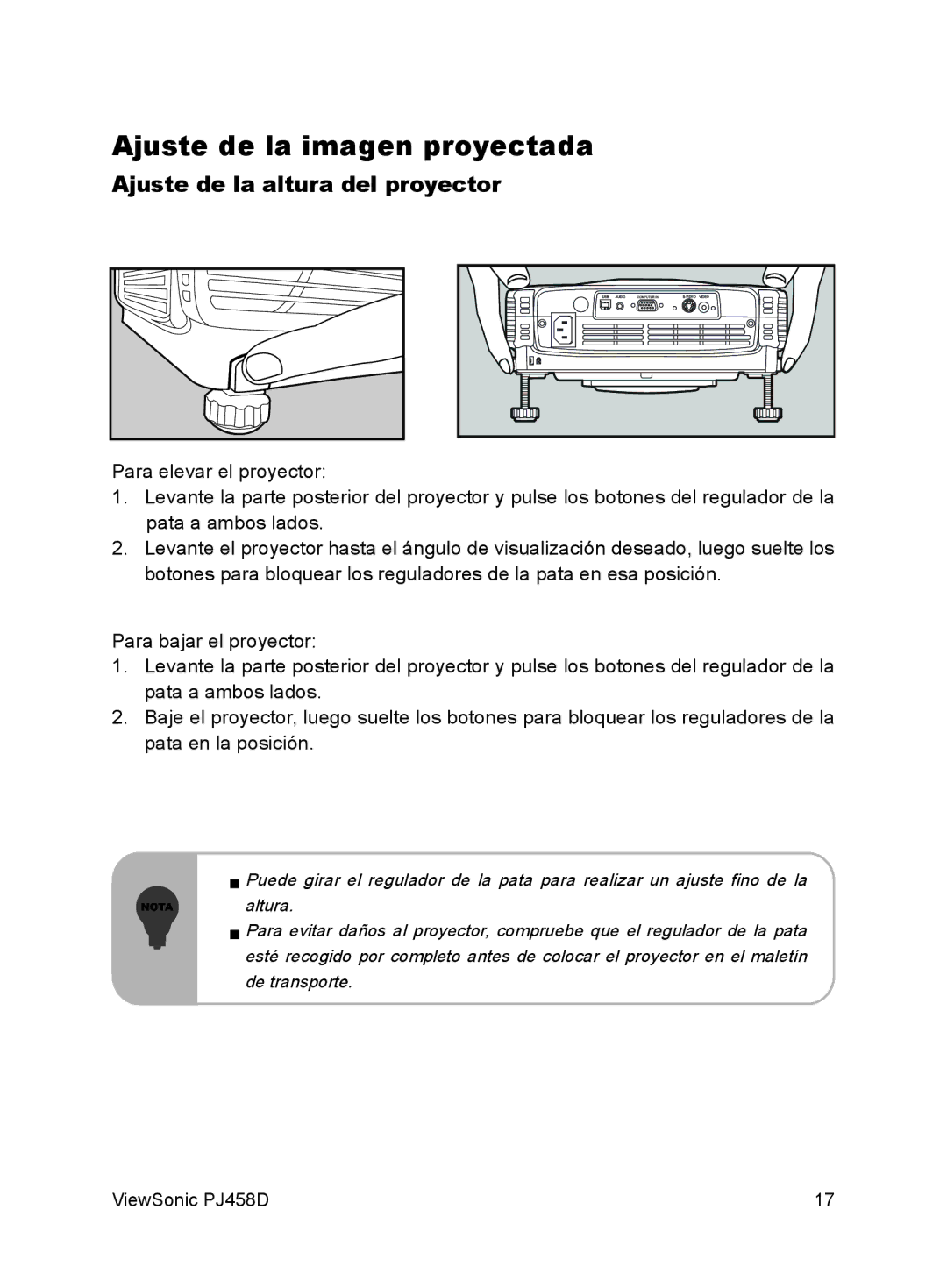 ViewSonic VS10872 manual Ajuste de la imagen proyectada, Ajuste de la altura del proyector 