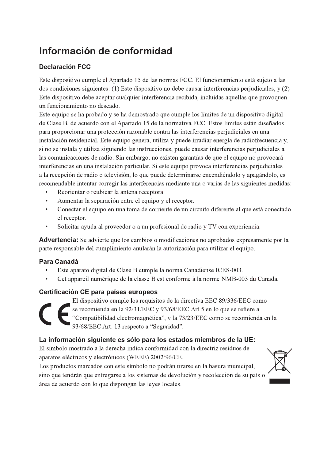 ViewSonic VS10872 manual Información de conformidad, Declaración FCC 