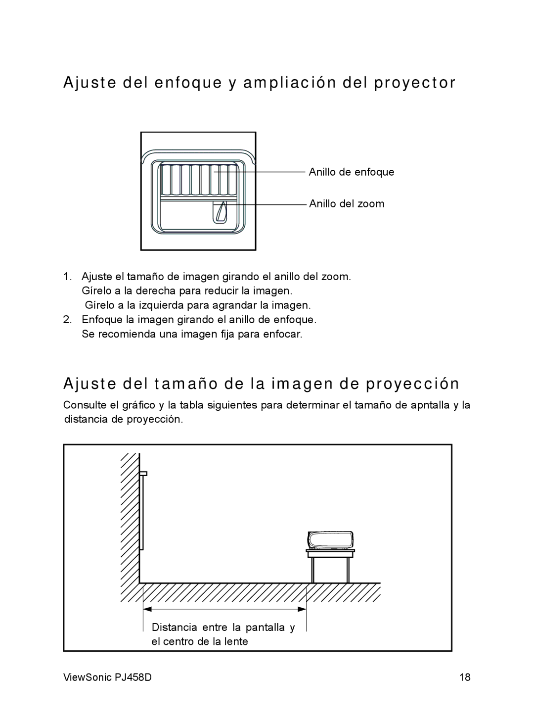 ViewSonic VS10872 manual Ajuste del enfoque y ampliación del proyector, Ajuste del tamaño de la imagen de proyección 