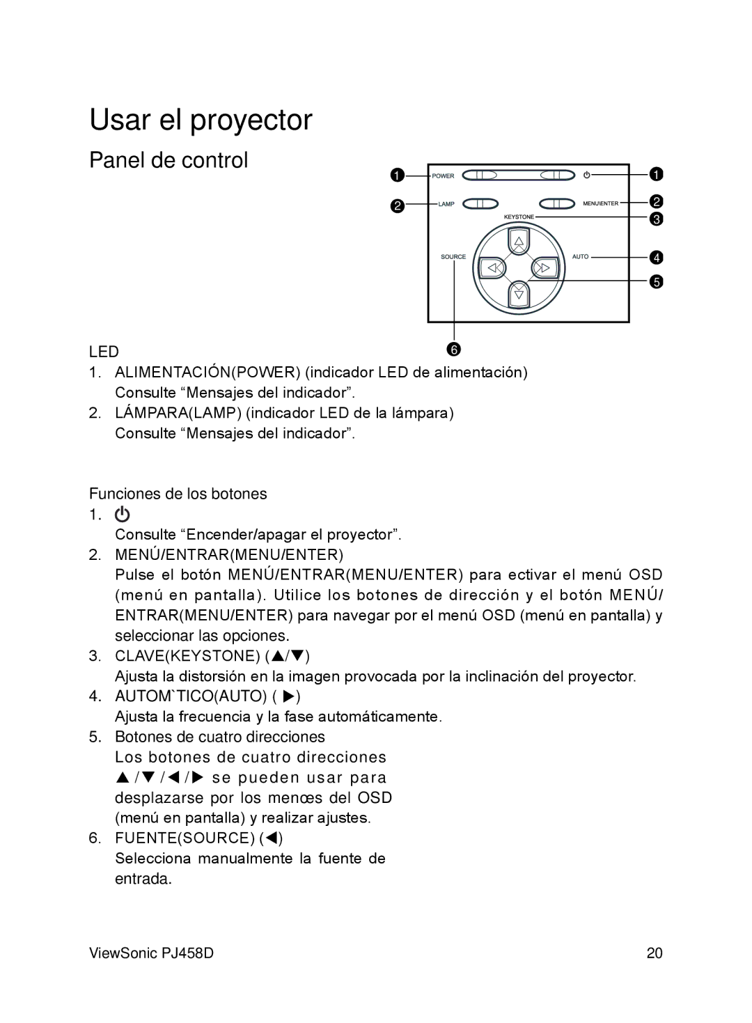 ViewSonic VS10872 manual Usar el proyector, Panel de control 