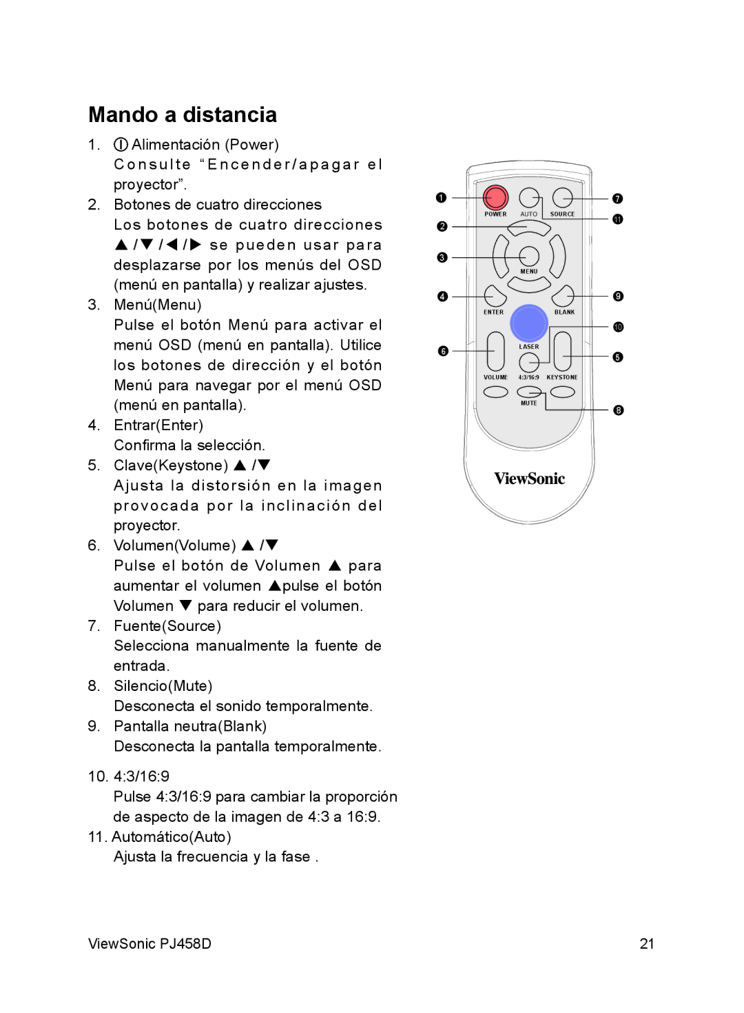 ViewSonic VS10872 manual Mando a distancia 