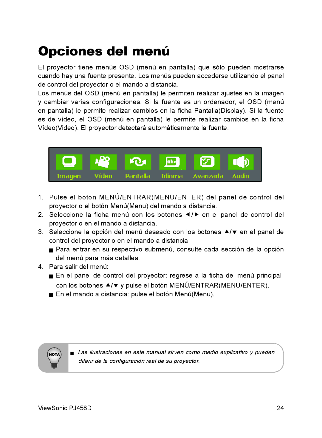 ViewSonic VS10872 manual Opciones del menú 