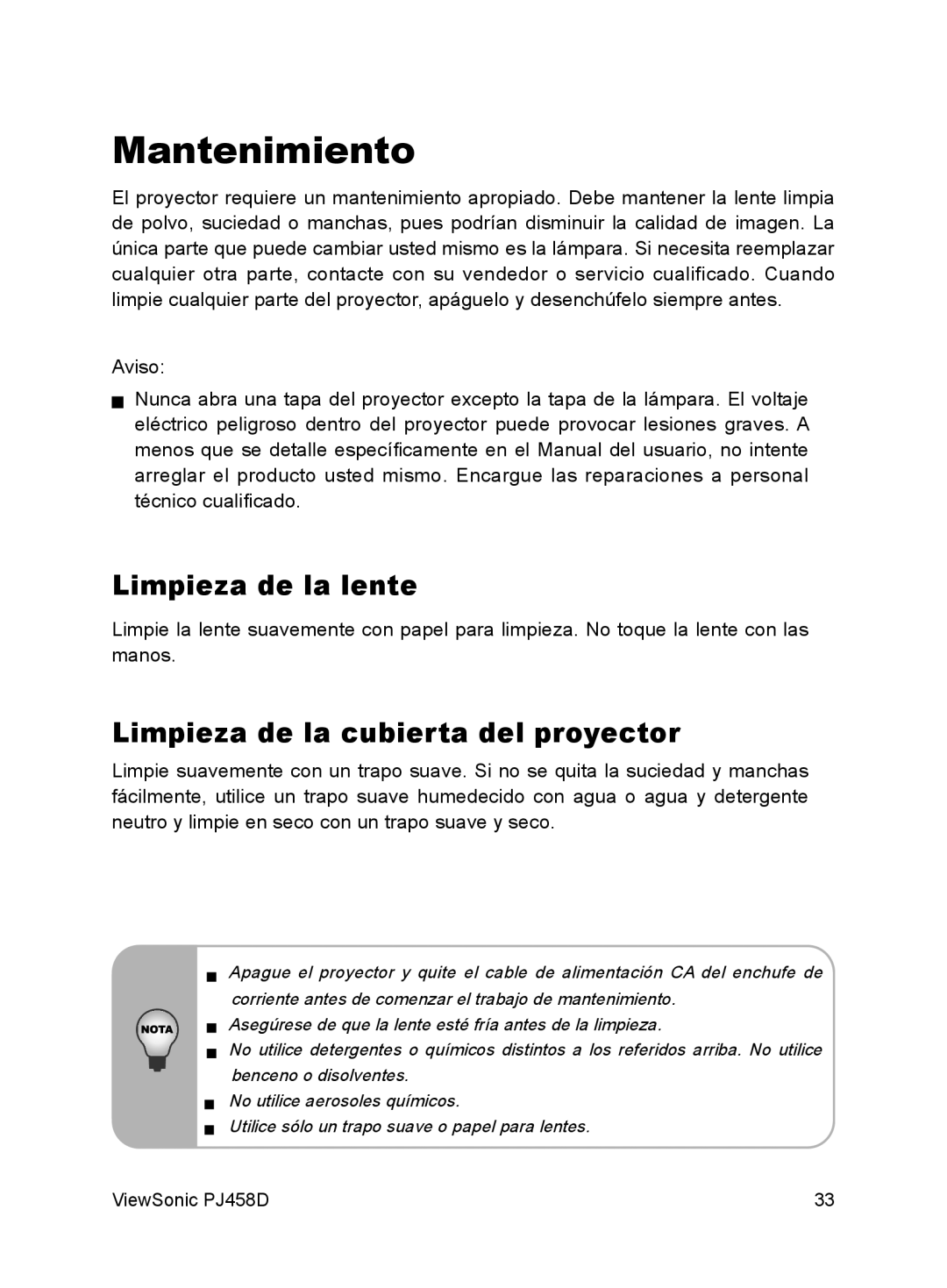 ViewSonic VS10872 manual Mantenimiento, Limpieza de la lente, Limpieza de la cubierta del proyector 