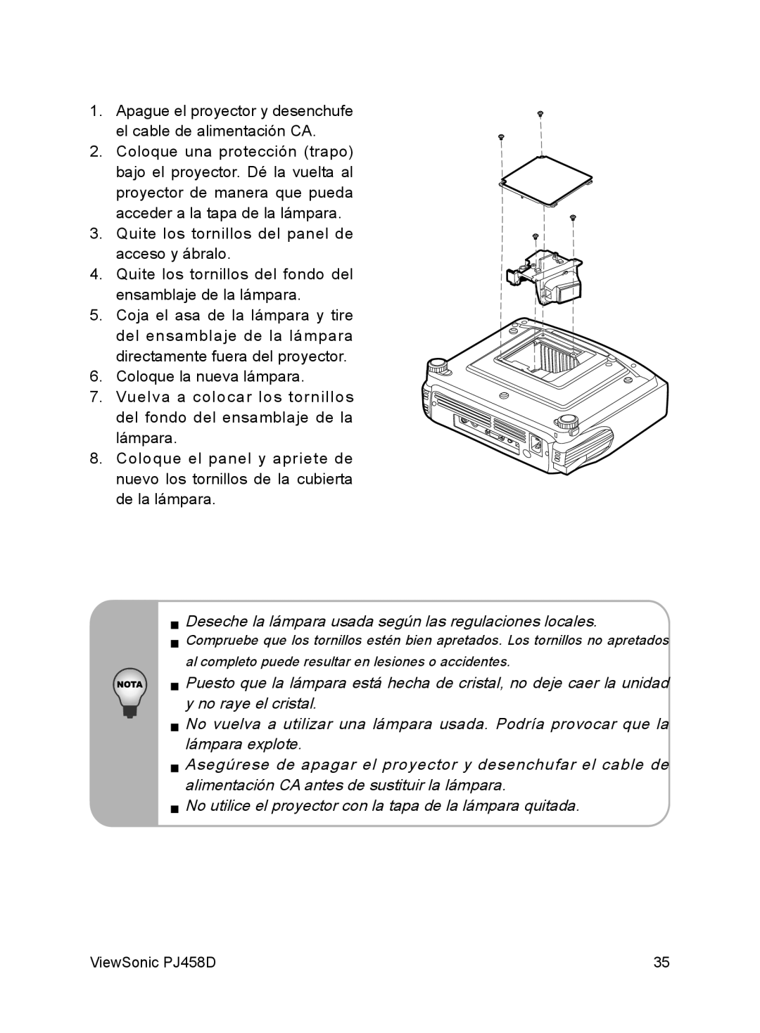 ViewSonic VS10872 manual Deseche la lámpara usada según las regulaciones locales 