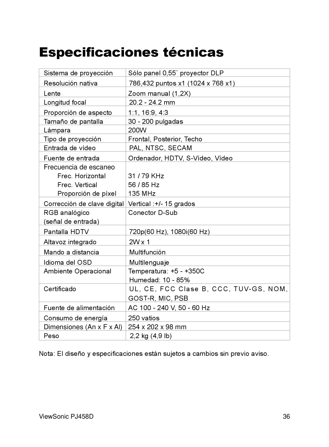 ViewSonic VS10872 manual Especificaciones técnicas, PAL, NTSC, Secam 