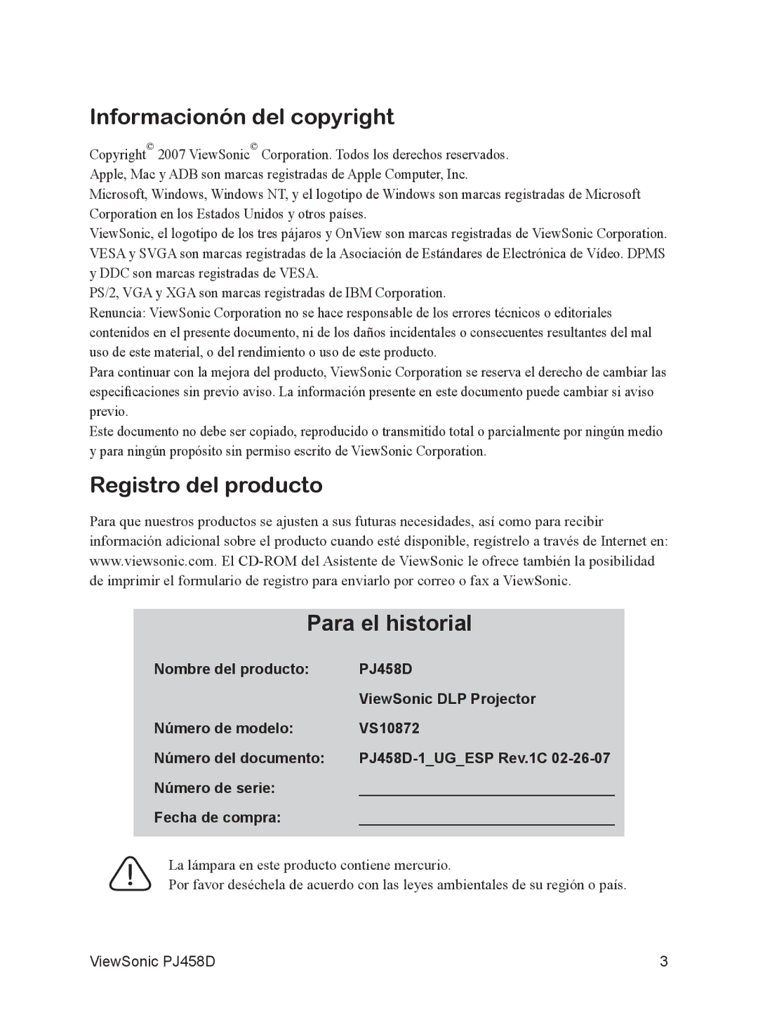 ViewSonic VS10872 manual Informacionón del copyright, Registro del producto Para el historial 