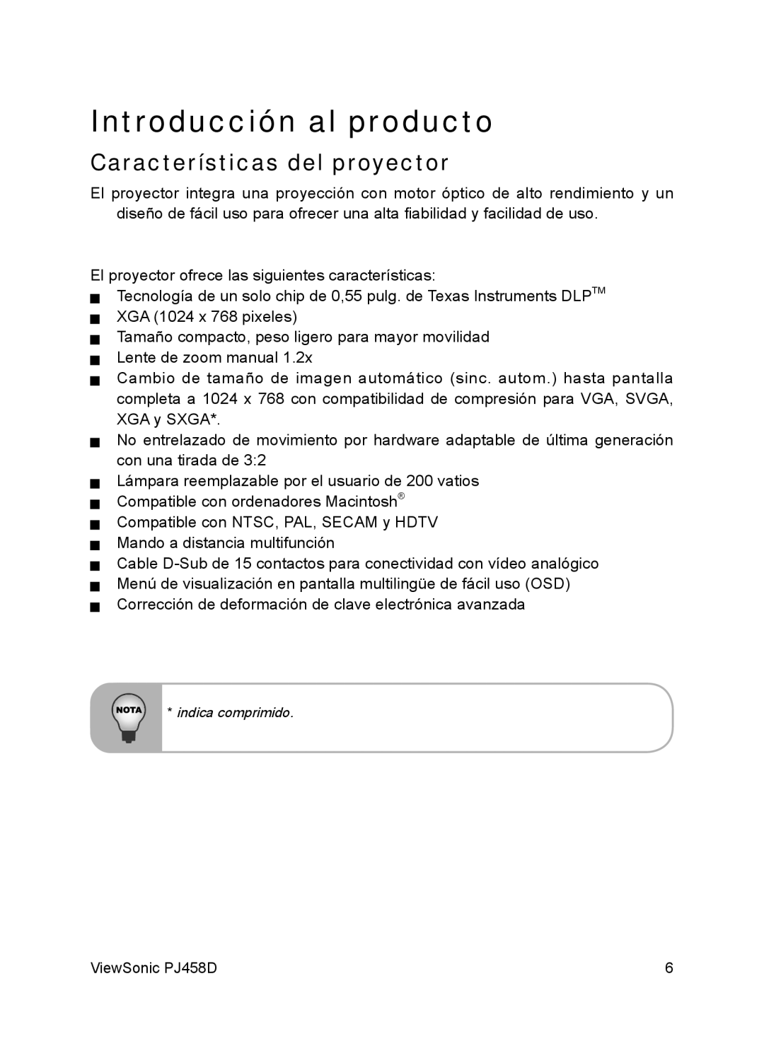 ViewSonic VS10872 manual Introducción al producto, Características del proyector 