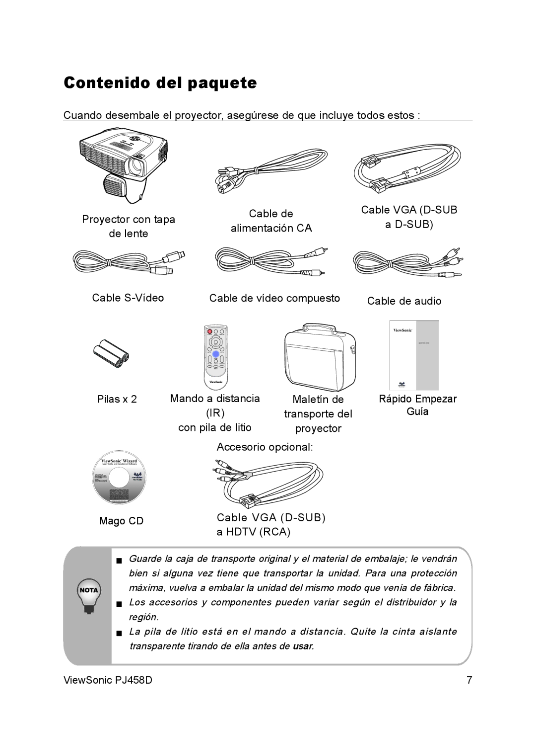 ViewSonic VS10872 manual Contenido del paquete, Accesorio opcional Mago CD Cable VGA D-SUB Hdtv RCA 