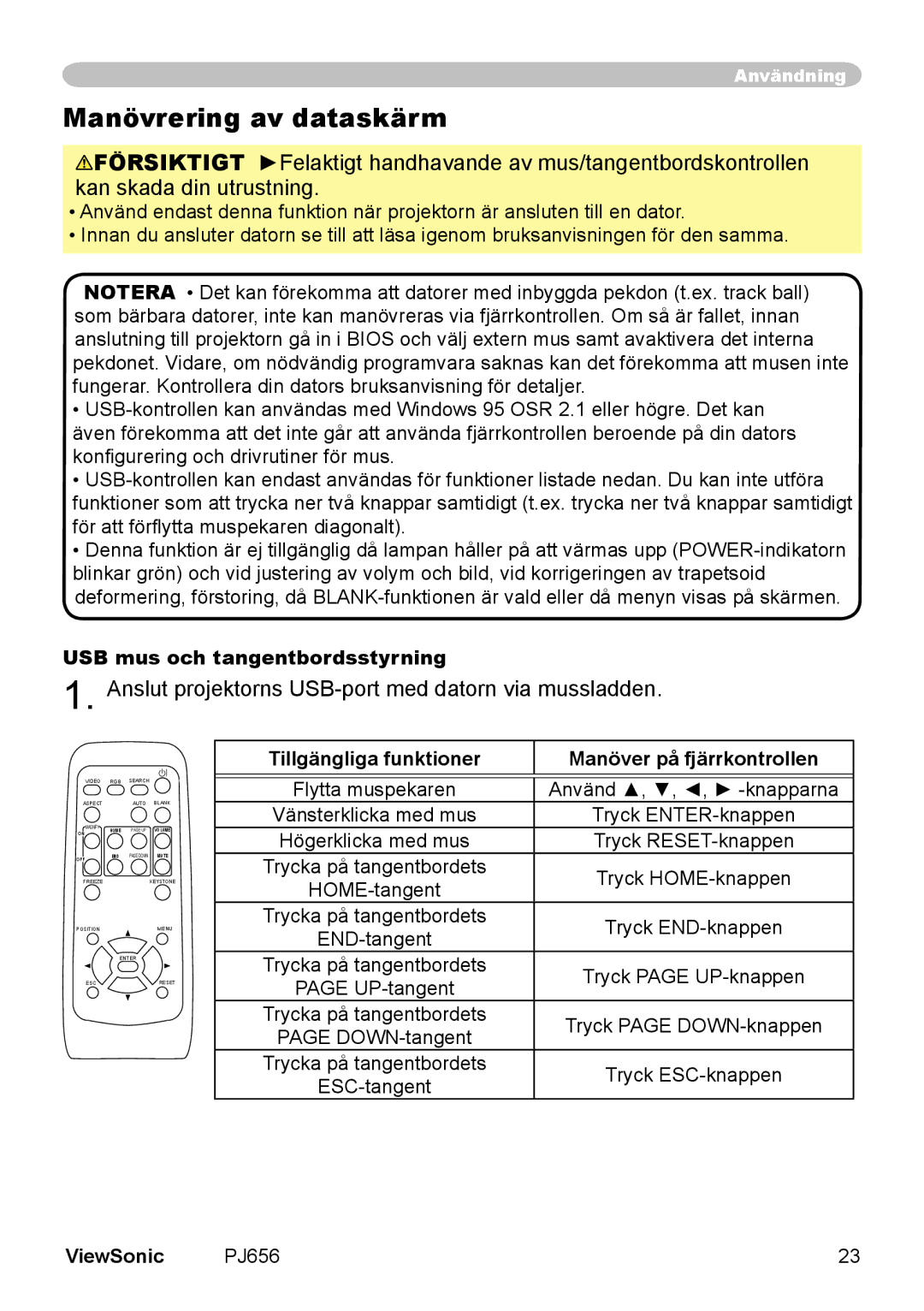 ViewSonic VS10897 manual Manövrering av dataskärm, USB mus och tangentbordsstyrning 