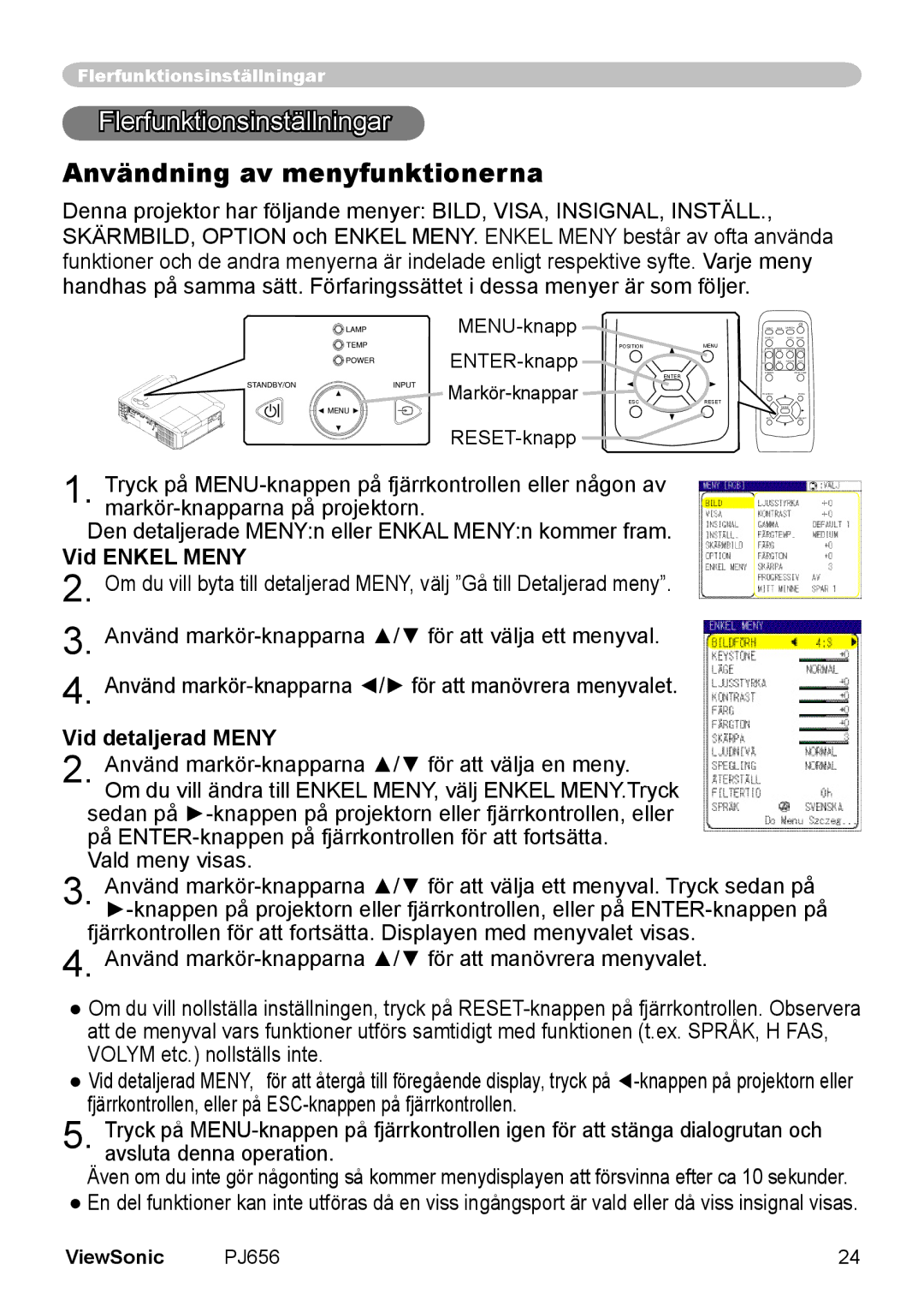 ViewSonic VS10897 manual Flerfunktionsinställningar, Användning av menyfunktionerna, Vid Enkel Meny, Vid detaljerad Meny 