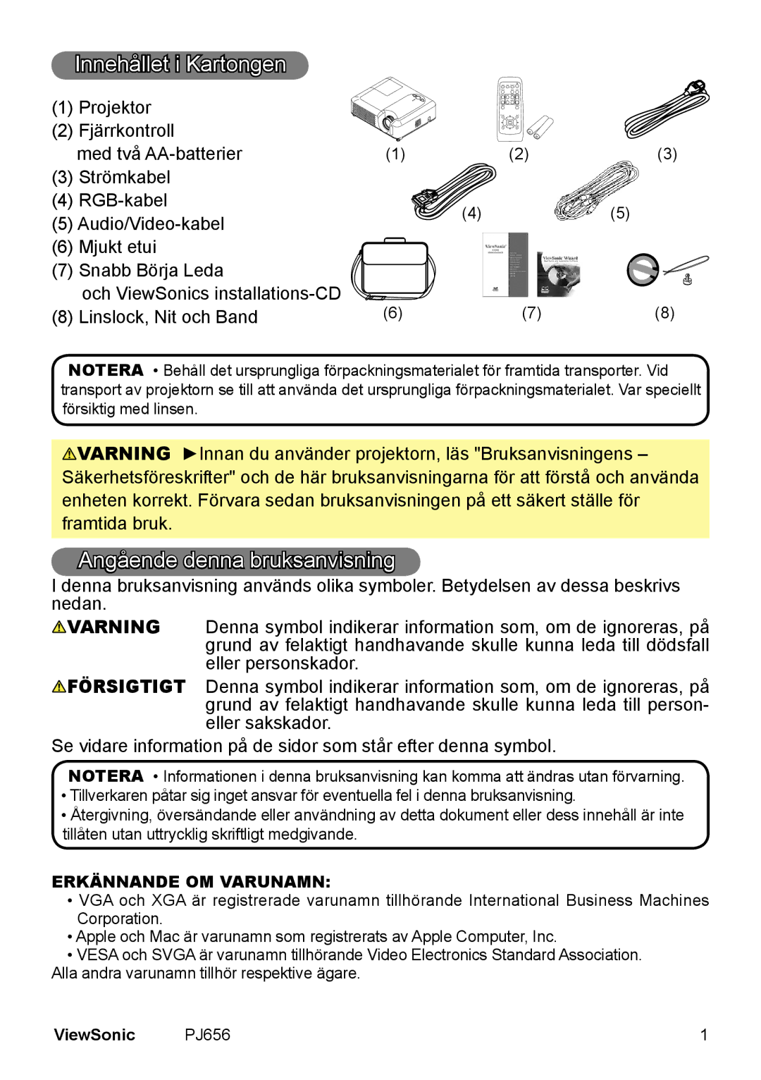 ViewSonic VS10897 manual Innehållet i Kartongen, Angående denna bruksanvisning, Erkännande OM Varunamn 