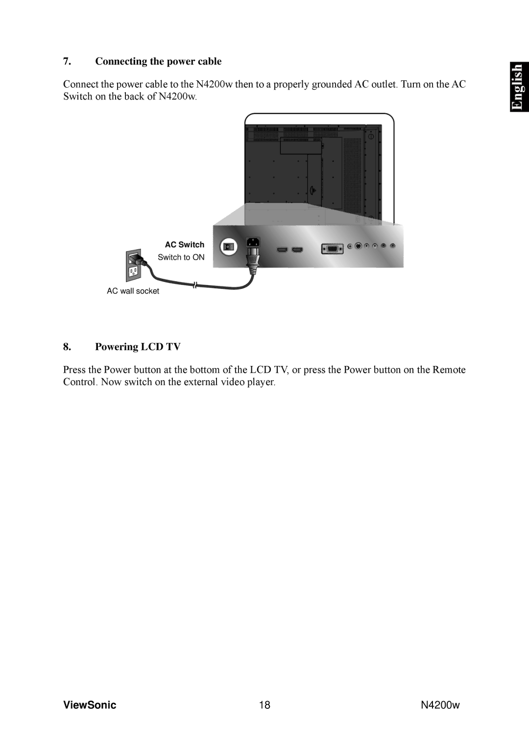 ViewSonic VS10945-1G manual Connecting the power cable, Powering LCD TV 