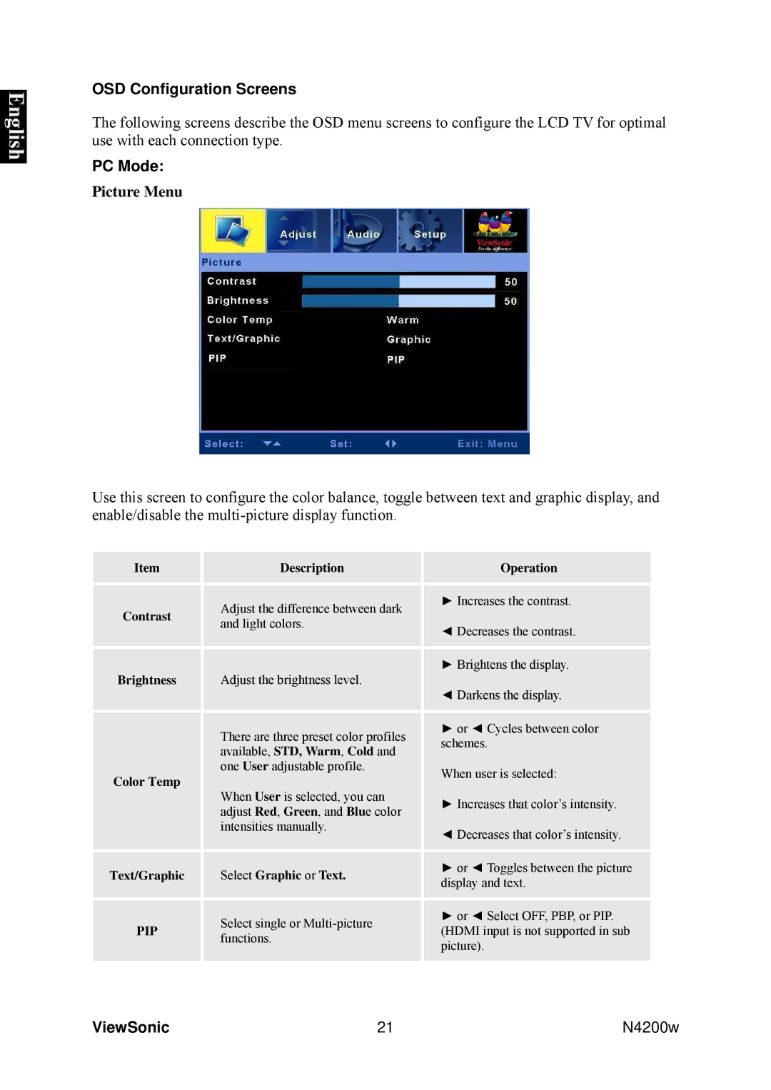 ViewSonic VS10945-1G manual OSD Configuration Screens, PC Mode, Picture Menu 