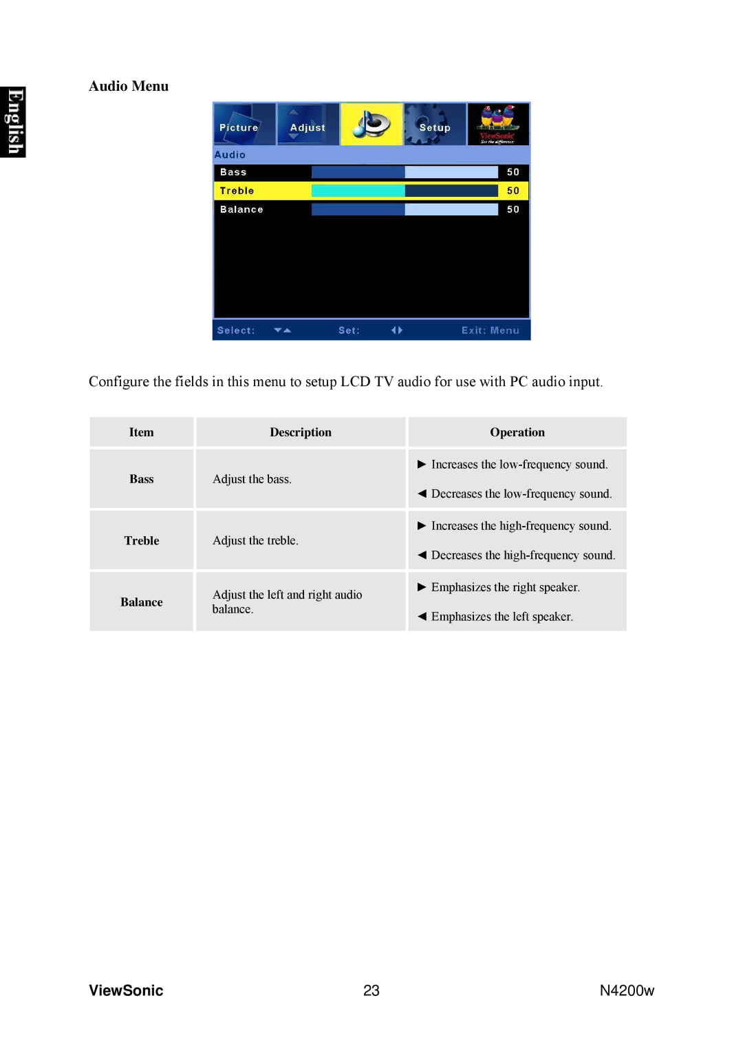 ViewSonic VS10945-1G manual Audio Menu, Balance 