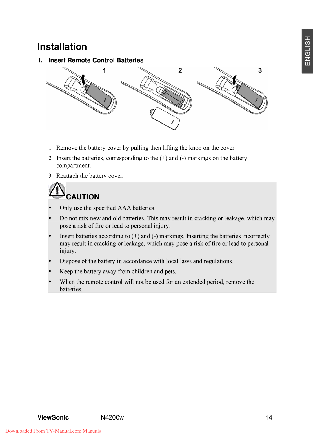 ViewSonic VS10945-M manual Installation, Insert Remote Control Batteries 