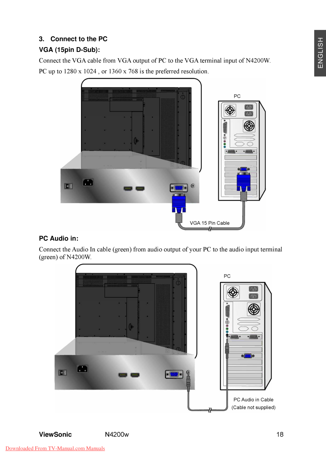 ViewSonic VS10945-M manual Connect to the PC VGA 15pin D-Sub, PC Audio 