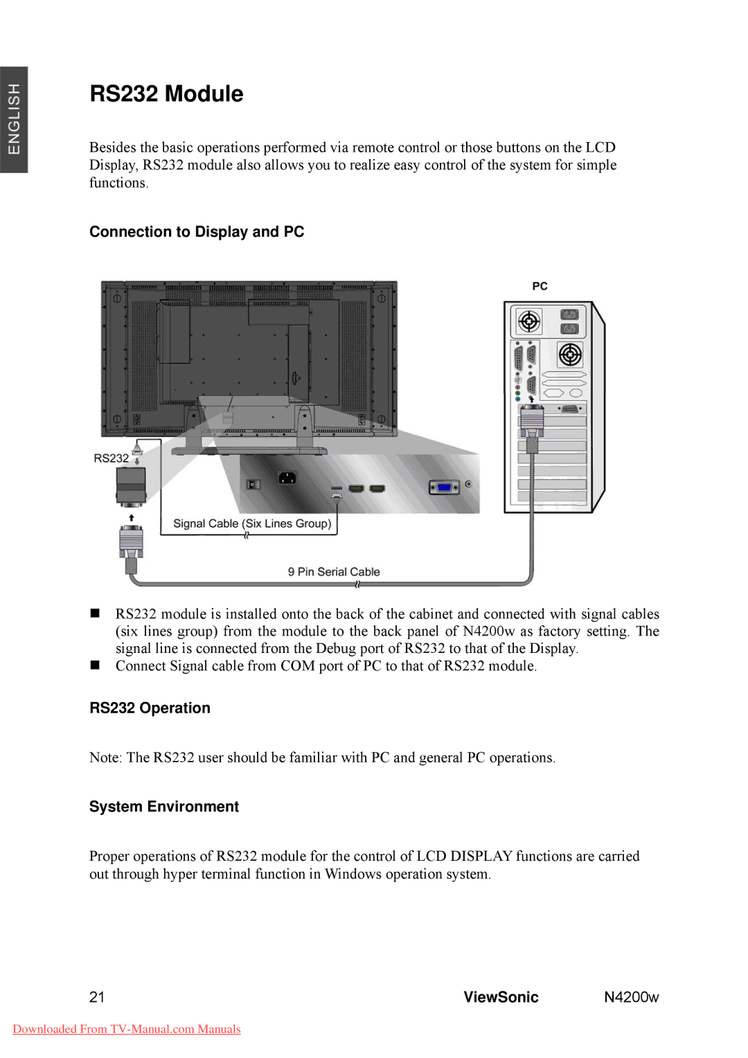 ViewSonic VS10945-M RS232 Module, Connection to Display and PC, RS232 Operation System Environment, 21ViewSonic N4200w 