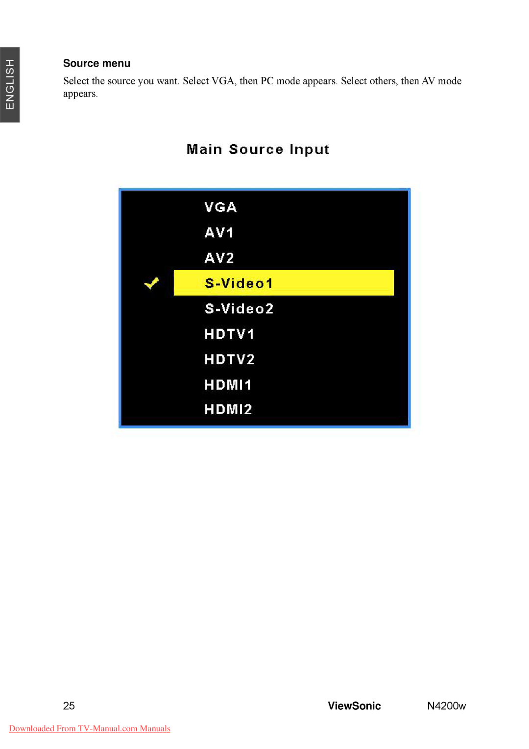 ViewSonic VS10945-M manual Source menu, 25ViewSonic N4200w 