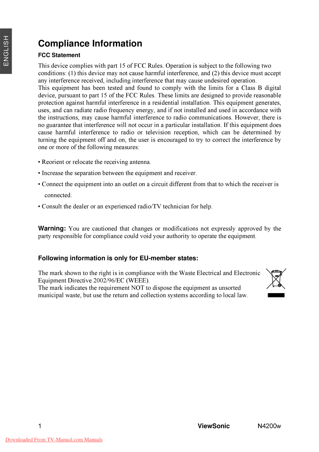 ViewSonic VS10945-M manual Following information is only for EU-member states, 1ViewSonic N4200w 