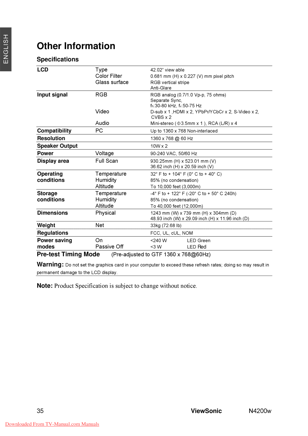 ViewSonic VS10945-M manual Other Information, Specifications, 35ViewSonic N4200w 