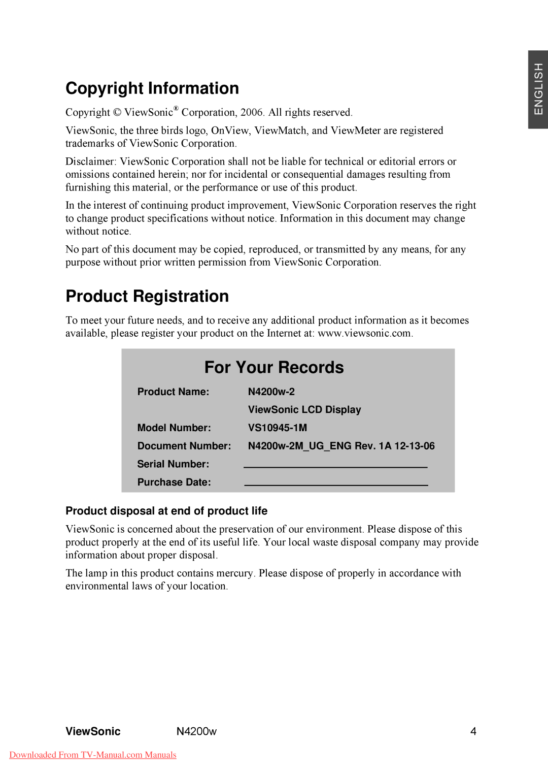 ViewSonic VS10945-M Copyright Information, Product Registration For Your Records, Product disposal at end of product life 