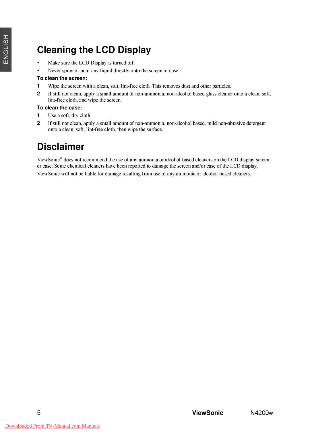 ViewSonic VS10945-M manual Cleaning the LCD Display, Disclaimer, 5ViewSonic N4200w 