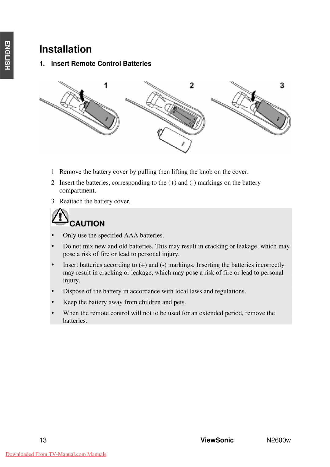 ViewSonic VS10946-1E manual Installation, Insert Remote Control Batteries 