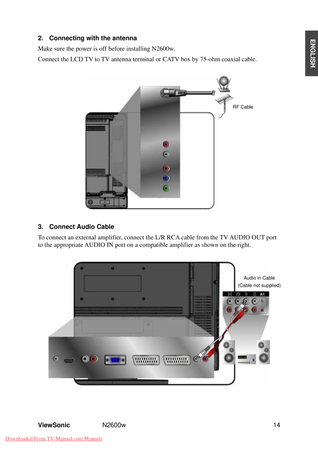 ViewSonic VS10946-1E manual Connecting with the antenna, Connect Audio Cable 