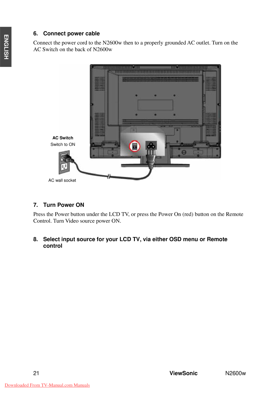 ViewSonic VS10946-1E manual Connect power cable, Turn Power on 