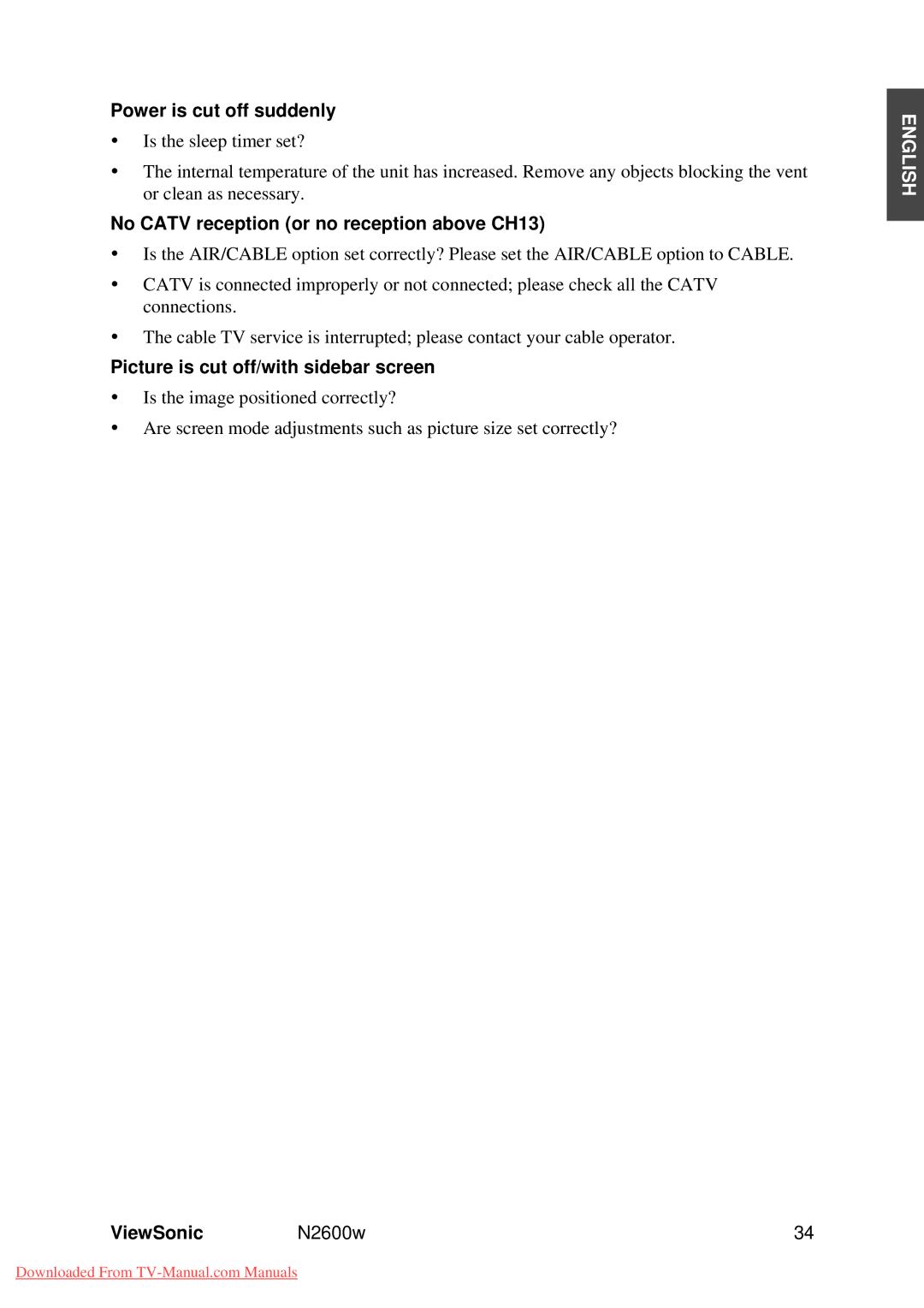 ViewSonic VS10946-1E manual Power is cut off suddenly, No Catv reception or no reception above CH13 