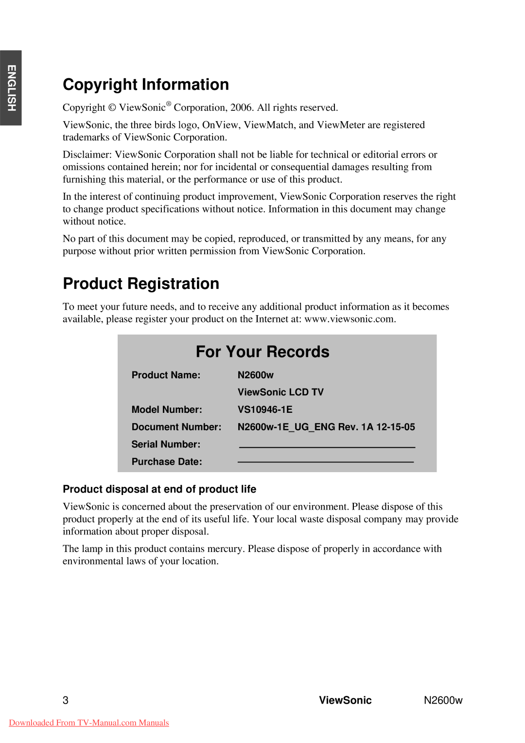 ViewSonic VS10946-1E Copyright Information, Product Registration For Your Records, Product disposal at end of product life 