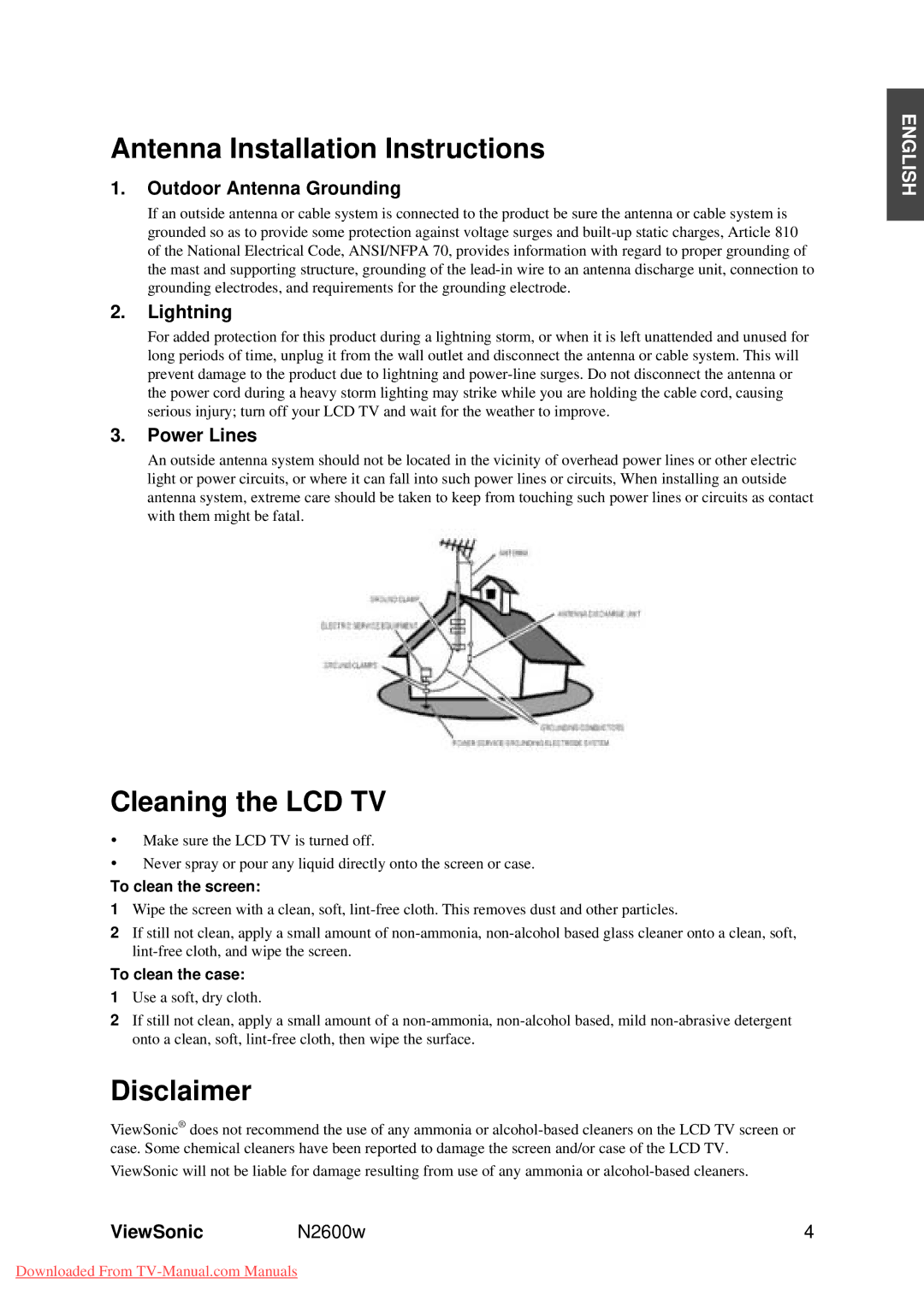 ViewSonic VS10946-1E manual Antenna Installation Instructions, Cleaning the LCD TV, Disclaimer 