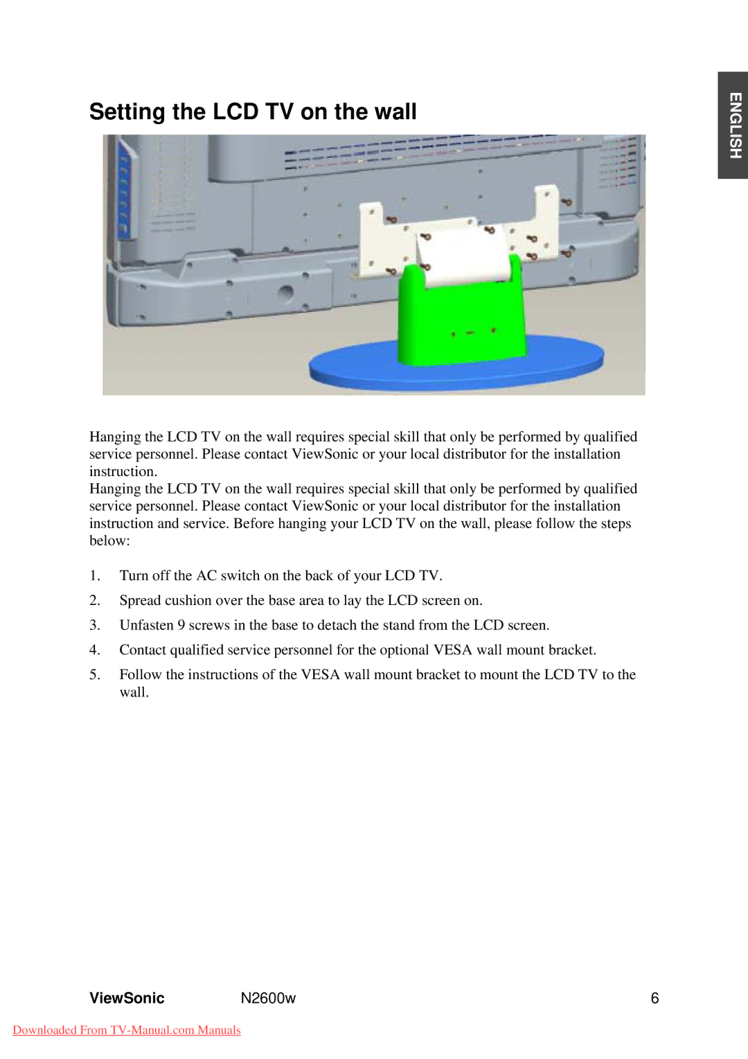 ViewSonic VS10946-1E manual Setting the LCD TV on the wall 