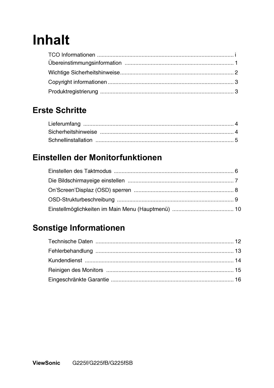 ViewSonic VS111135 manual Inhalt, Erste Schritte, Einstellen der Monitorfunktionen, Sonstige Informationen 