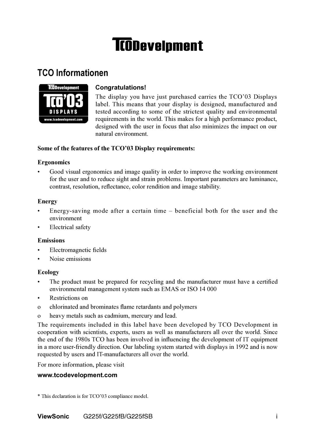 ViewSonic VS111135 manual TCO Informationen, Congratulations, ViewSonic 