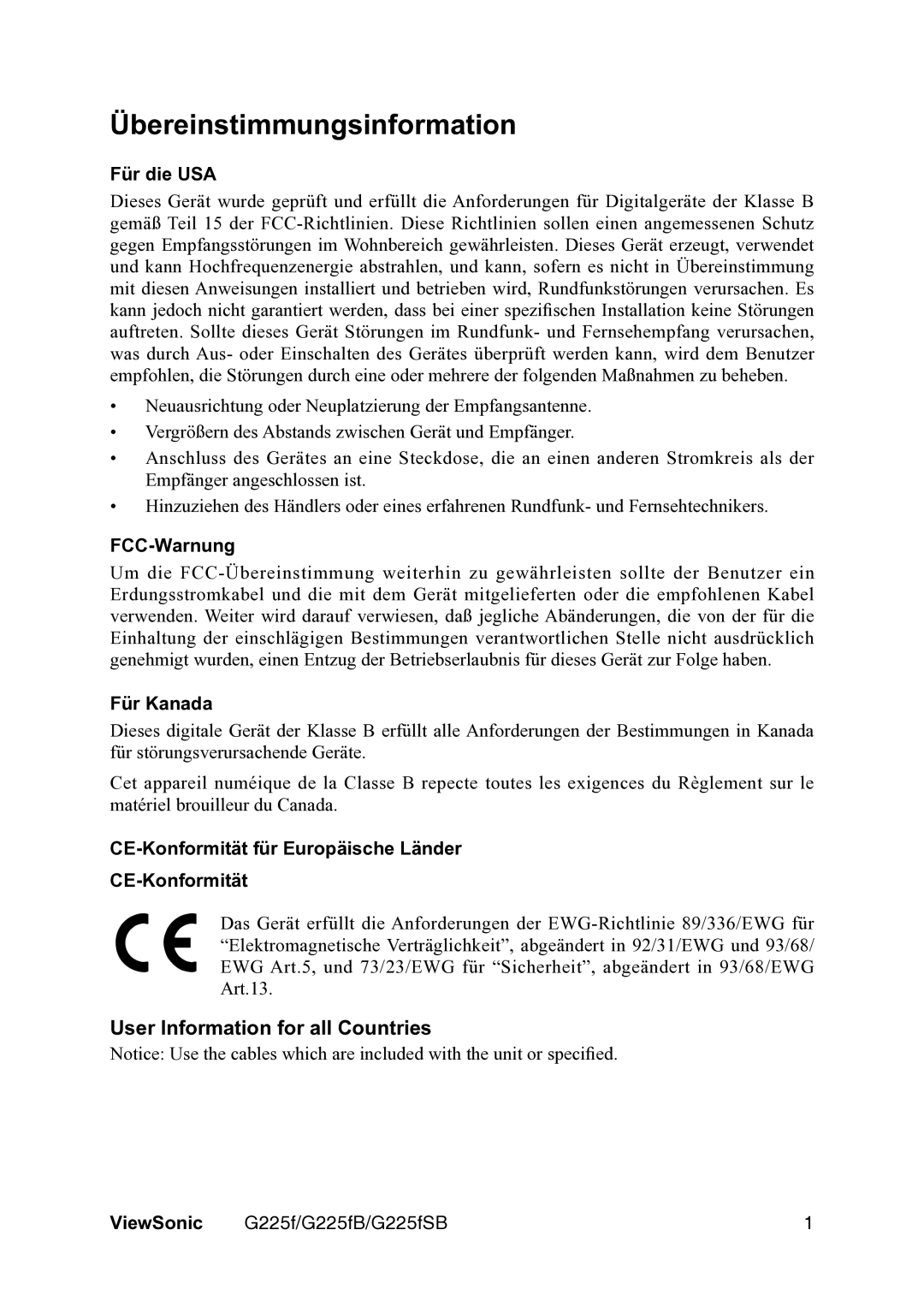 ViewSonic VS111135 manual Übereinstimmungsinformation, Für die USA, FCC-Warnung, Für Kanada 