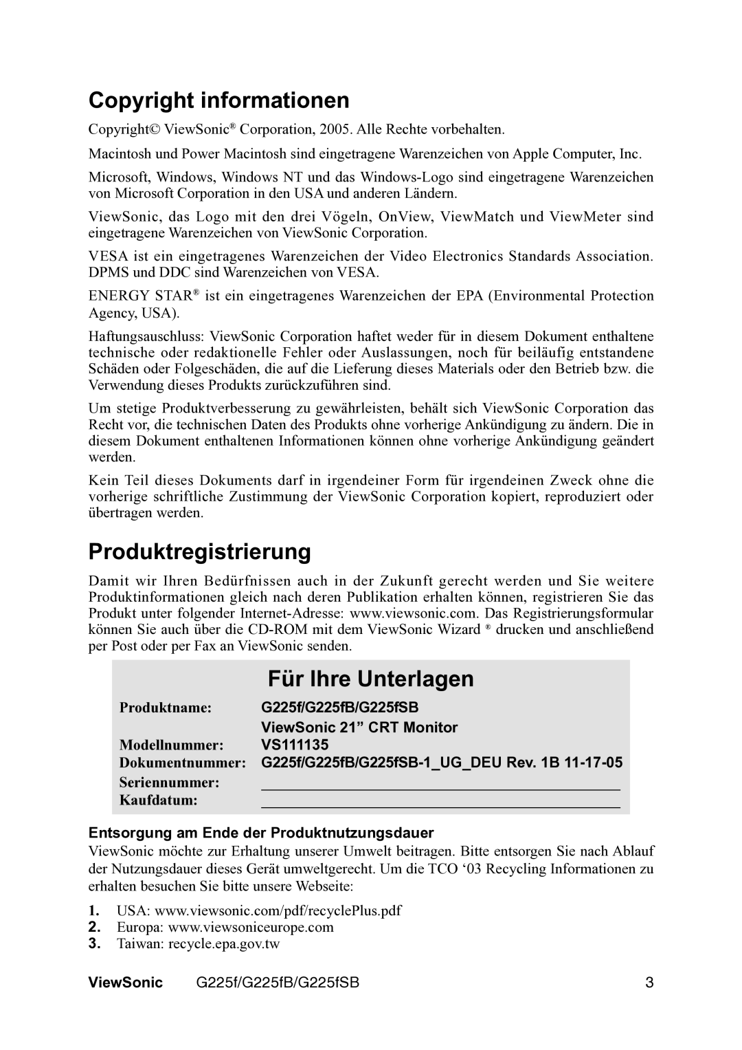 ViewSonic VS111135 manual Copyright informationen, Produktregistrierung Für Ihre Unterlagen 