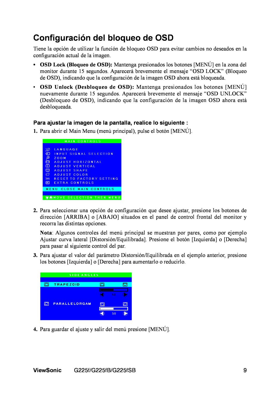 ViewSonic VS11135 Conﬁguración del bloqueo de OSD, Para ajustar la imagen de la pantalla, realice lo siguiente, ViewSonic 