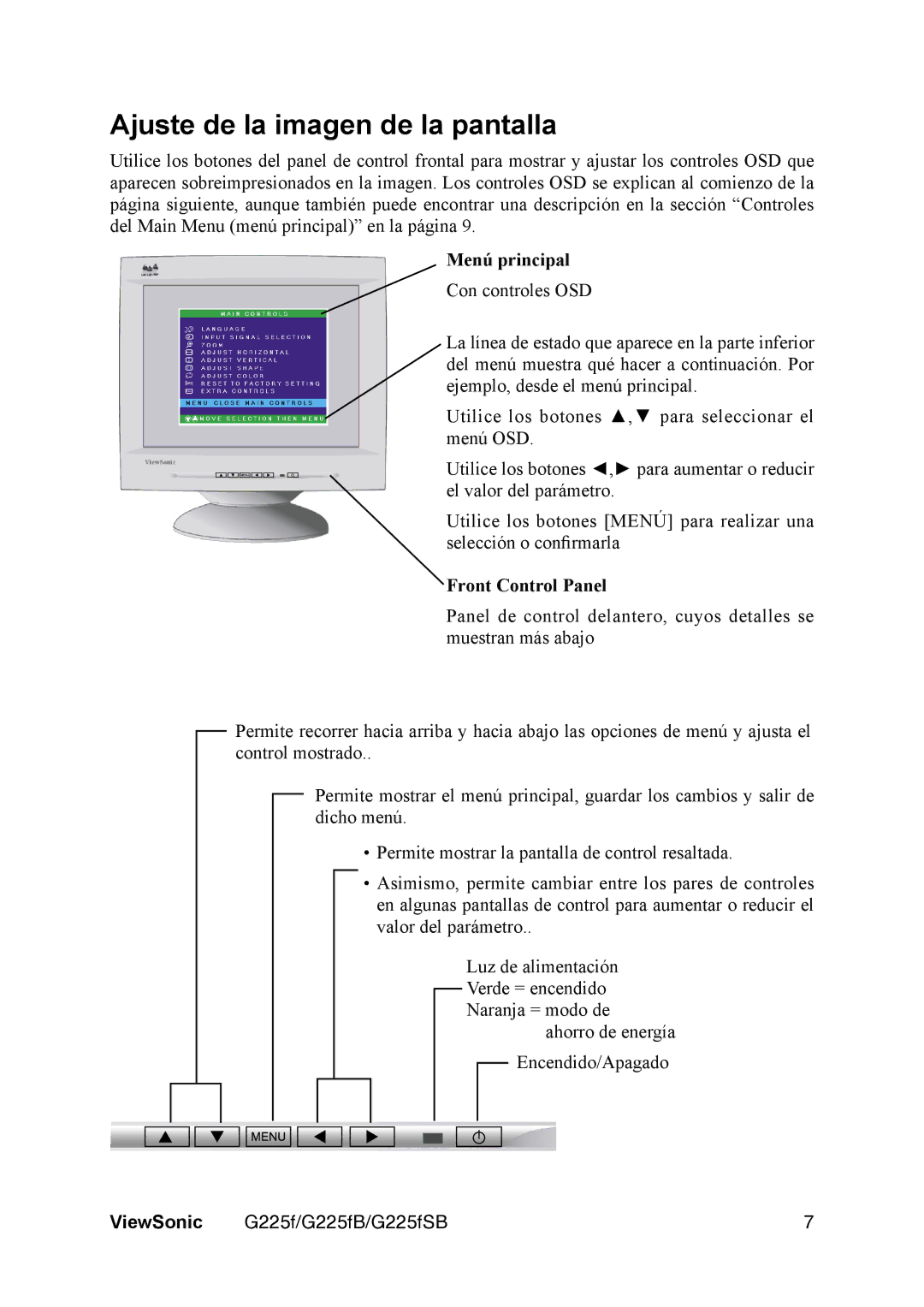 ViewSonic VS11135 manual Ajuste de la imagen de la pantalla, Menú principal, Front Control Panel 